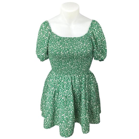 Green White Floral Smocked Puff Sleeve Cutout Back A Line Mini Dress Size XXL - Picture 1 of 4